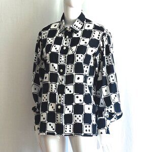 Louis Feraud Black & White Dice Blouse With Double Sixes On The Collar